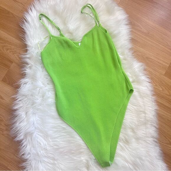 Grey Lab Bodysuit Lime Green Spaghetti Strap Ribbed sized Medium - Picture 2 of 6